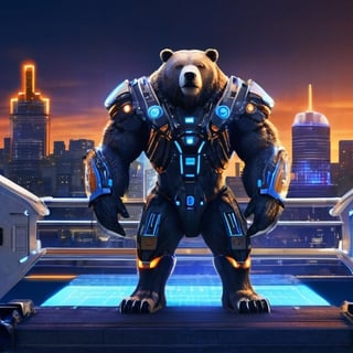 This is an image of a bear with a robotic or cybernetic arm. The bear is standing on a bridge with a city skyline in the background, suggesting a futuristic or science fiction setting. The bear's arm is intricately designed with glowing blue and orange lights, indicating advanced technology or machinery. The overall aesthetic is reminiscent of a scene from a science fiction movie or video game, where animals are enhanced with cybernetic parts.