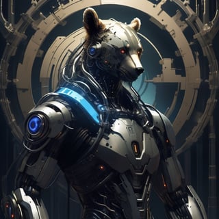 This is an image of a bear with a robotic or cybernetic arm. The bear is standing on a bridge with a city skyline in the background, suggesting a futuristic or science fiction setting. The bear's arm is intricately designed with glowing blue and orange lights, indicating advanced technology or machinery. The overall aesthetic is reminiscent of a scene from a science fiction movie or video game, where animals are enhanced with cybernetic parts.