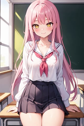 1girl, pink_hair, blush, light smile, yellow_eyes, long hair, school uniform, classroom, glow, thighs, collarbone, narrow waist, (masterpiece), wallpaper,BiBa