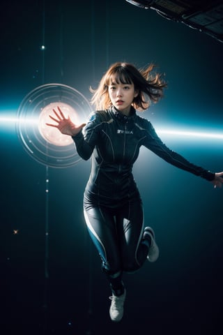 face looking elsewhere, Best Quality, 8K, ultra-detailed, Masterpiece: 1.3), 1girl, solo, kawaii, cool, in space station, cinema light, spaces suit, looking else where, a girl floating in air, full body, centered, medium hair, babyfat,Circle,magical circle, each hand has five fingers