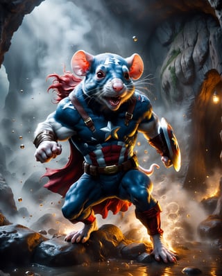 muscular White Rat RED hair and large as captian America ))(( Fighting with a Large Rat in a cave, photorealistic, hyperrealism, 64k, cinamatic light, smoke, bubbles, acidzlime ))((Large Rat))((Wearing super hero dress)) (powerful Rat in the form of the Captian America , Marvel comic Character), action-packed background,ghost person,more detail XL, cinematic lighting, dark mood,extremly realistic,acidzlime