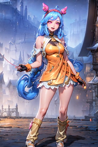 a woman in a yellow dress, (((holding and playing a yo-yo))), long blue hair, smile, open mouth, socks, gloves, blue hair, braid, hairband, tiara with horns shaped like musical notes, gloves without fingers, pink eyes, tiara on the head, music,Mobile legends,
skin, realistic,
photon mapping
more details
16k,Hdr,cg, 3d, maintain maximum image detail,photography,high resolution,Anti Aliasing,(((SEXY)))








