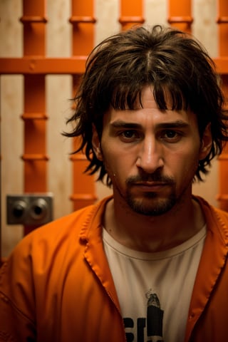 ((realism)), extremely high quality RAW photograph, detailed background, intricate, messy hair, Exquisite details and textures, highly detailed, Photo of (Lionel Andrés Messi Cuccitini) in a prison cell, (wearing orange prison clothes:1.3), Looking away from the camera, ultra detailed photograph, warm lighting, artstation, 4k, sharp focus, high resolution, detailed skin, detailed eyes, 8k uhd, dslr, low harsh lighting, high quality, film grain