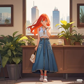 score_9, score_8_up, score_7_up, score_6_up, score_5_up, score_4_up,

((Cinematic)), (extremely detailed fine touch: 1.2),(masterpiece), (best quality), 

1girl, solo, long hair,  skirt, red hair, holding, jewelry, standing, full body,inside a cafeteria to buy a cup of coffee, shoes, sleeveless, indoors, hand up, bag, bracelet, crop top, plant, denim, footwear, shirt, long skirt, watch, handbag, wristwatch, potted plant, wide shot, photo background, sex, long_sleeves, perfect hands,perfect face, perfect eyes, perfect mouth, cityscape, jaeggernawt,girlnohead