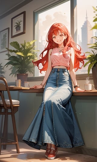 Score_9, Score_8_up, Score_7_up, Score_6_up, Score_5_up, Score_4_up,

((Cinematic)), (extremely detailed fine touch: 1.2),(masterpiece), (best quality), (concept art),1girl, solo, long hair,  skirt, red hair, holding, jewelry, standing, full body,inside a cafeteria to buy a cup of coffee, shoes, sleeveless, indoors, hand up, bag, bracelet, crop top, plant, denim, footwear, shirt, long skirt, watch, handbag, wristwatch, potted plant, wide shot, photo background, sex, long_sleeves, perfect hands,perfect face, perfect eyes, perfect mouth, cityscape, jaeggernawt,girlnohead, smooth lighting,art, illustration, romantic background, watercolor splash, soft blending, loose lines, smooth shadow, sweet, happy, sexy pose,smiling,

