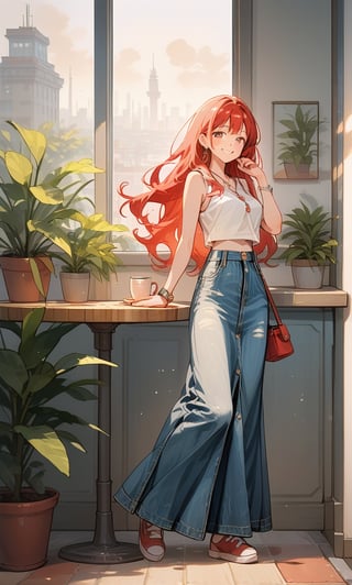 Score_9, Score_8_up, Score_7_up, Score_6_up, Score_5_up, Score_4_up,

((Cinematic)), (extremely detailed fine touch: 1.2),(masterpiece), (best quality), (concept art),1girl, solo, long hair,  skirt, red hair, holding, jewelry, standing, full body,inside a cafeteria to buy a cup of coffee, shoes, sleeveless, indoors, hand up, bag, bracelet, crop top, plant, denim, footwear, shirt, long skirt, watch, handbag, wristwatch, potted plant, wide shot, photo background, sex, long_sleeves, perfect hands,perfect face, perfect eyes, perfect mouth, cityscape, jaeggernawt,girlnohead, smooth lighting,art, illustration, romantic background, watercolor splash, soft blending, loose lines, smooth shadow, sweet, happy, sexy pose,smiling,

