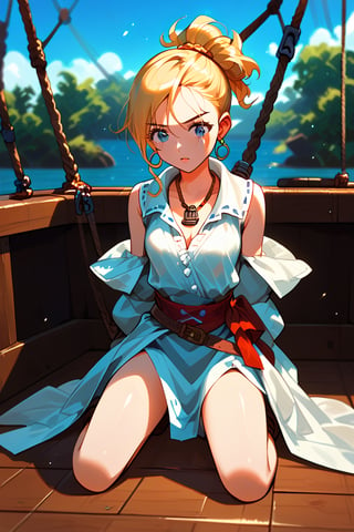 score_9, score_8_up, score_7_up, score_6_up,
lineart, warm tones, from front,
sidelighting, light particles,

1girls, solo, pirate, restrained, chained, kneeling, Boatswain pirate clothes, detail face, blonde hair with some black, tied hair, 

outdoor, big pirate boat, wood floor, pir4t4