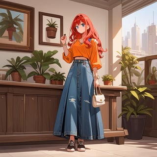 score_9, score_8_up, score_7_up, score_6_up, score_5_up, score_4_up,

((Cinematic)), (extremely detailed fine touch: 1.2),(masterpiece), (best quality), 

1girl, solo, long hair,  skirt, red hair, holding, jewelry, standing, full body, shoes, sleeveless, indoors, hand up, bag, bracelet, crop top, plant, denim, footwear, shirt, long skirt, watch, handbag, wristwatch, potted plant, wide shot,inside a cafe to buy a coffee, photo background, sexy,fflixmj6,more detail XL, long_sleeves, perfect hands, cityscape, jaeggernawt,girlnohead