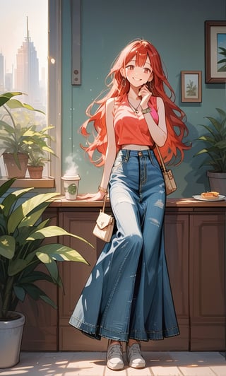 Score_9, Score_8_up, Score_7_up, Score_6_up, Score_5_up, Score_4_up,

((Cinematic)), (extremely detailed fine touch: 1.2),(masterpiece), (best quality), (concept art),1girl, solo, long hair,  skirt, red hair, holding, jewelry, standing, full body,inside a cafeteria to buy a cup of coffee, shoes, sleeveless, indoors, hand up, bag, bracelet, crop top, plant, denim, footwear, shirt, long skirt, watch, handbag, wristwatch, potted plant, wide shot, photo background, sex, long_sleeves, perfect hands,perfect face, perfect eyes, perfect mouth, cityscape, jaeggernawt,girlnohead, smooth lighting,art, illustration, romantic background, watercolor splash, soft blending, loose lines, smooth shadow, sweet, happy, sexy pose,smiling,

