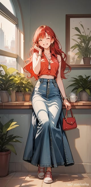 Score_9, Score_8_up, Score_7_up, Score_6_up, Score_5_up, Score_4_up,

((Cinematic)), (extremely detailed fine touch: 1.2),(masterpiece), (best quality), (concept art),1girl, solo, long hair,  skirt, red hair, holding, jewelry, standing, full body,inside a cafeteria to buy a cup of coffee, shoes, sleeveless, indoors, hand up, bag, bracelet, crop top, plant, denim, footwear, shirt, long skirt, watch, handbag, wristwatch, potted plant, wide shot, photo background, sex, long_sleeves, perfect hands,perfect face, perfect eyes, perfect mouth, cityscape, jaeggernawt,girlnohead, smooth lighting,art, illustration, romantic background, watercolor splash, soft blending, loose lines, smooth shadow, sweet, happy, sexy pose,smiling,

