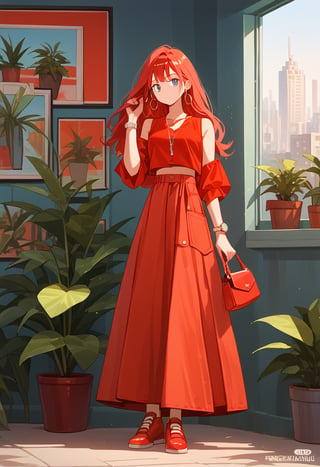 score_9, score_8_up, score_7_up, score_6_up, score_5_up, score_4_up,

((Cinematic)), (extremely detailed fine touch: 1.2),(masterpiece), (best quality), 

1girl, solo, long hair, red skirt, red hair, holding, jewelry, standing, full body, shoes, sleeveless, indoors, hand up, bag, bracelet, crop top, plant, denim, red footwear, red shirt, long skirt, watch, handbag, wristwatch, potted plant, wide shot, photo background, sexy,fflixmj6,more detail XL, long_sleeves, perfect hands, cityscape, jaeggernawt,girlnohead