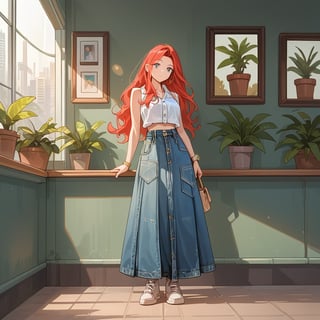 score_9, score_8_up, score_7_up, score_6_up, score_5_up, score_4_up,

((Cinematic)), (extremely detailed fine touch: 1.2),(masterpiece), (best quality), 

1girl, solo, long hair,  skirt, red hair, holding, jewelry, standing, full body, shoes, sleeveless, indoors, hand up, bag, bracelet, crop top, plant, denim, footwear, shirt, long skirt, watch, handbag, wristwatch, potted plant, wide shot,inside a cafeteria to buy a cup of coffee, photo background, sexy,fflixmj6,more detail XL, long_sleeves, perfect hands,, perfect face, perfect eyes, perfect mouth, cityscape, jaeggernawt,girlnohead