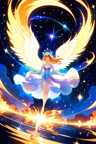 In a realm of swirling flames and radiant light, Fantasies Alburn stands poised, her ethereal wings ablaze like comets in the darkness. She dances, her form a blur as she twirls amidst starlight and sparks. A cosmic goddess, divine desire courses through her being as she embodies celestial essence with wings that shimmer like stardust. His timeless beauty is reflected in the fiery backdrop, a celestial show unfolding before us.