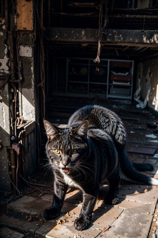 full body shot, skeleton cat looking for food, evil cat, dead cat, bloody open mouth, basement, bright sunlight, stone floor, zkeleton 