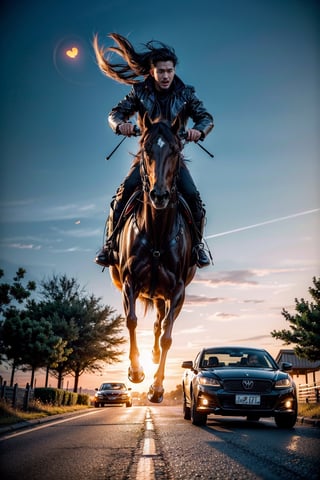 Capture an extraordinary scene as a one headless horseman crosses a road with an awe-inspiring leap over a car that was driving too fast.. This heart-pounding moment showcases the horseman's remarkable skill, as he and his steed soar through the air, defying all expectations.,Jack o 'Lantern,DonMD3m0nsXL