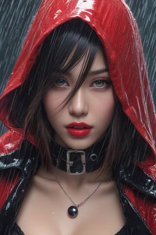 ((extremely realistic photo)), professional photo, The image features a beautiful model with grey eyes and full red lips wears a red raincoat and black leather choker, poses under the rain, ((extremely realistic detailed and perfect asian_bright_soft_grey_eyes)), ((ultra realistic detailed perfect face)), hard_black_eyeliner, ((hard pink gradient to hard silver eyeshadow:1.20)) and ((full lips intense_red_color lipstick:1.20)), ((ultra sharp focus)), (realistic textures and skin:1.1), ((perfection in the hands:1.1)), aesthetic. masterpiece, pure perfection, high definition ((best quality, masterpiece, detailed)), ultra high resolution, hdr, art, high detail, add more detail, (extreme and intricate details), ((raw photo, 64k:1.37)), ((sharp focus:1.2)), (muted colors, dim colors, soothing tones ), siena natural ratio, ((more detail xl)),more detail XL,detailmaster2,Enhanced All,photo r3al,masterpiece,photo r3al
