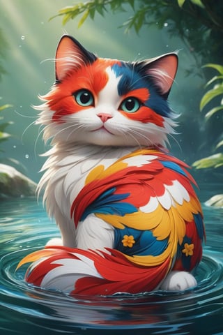 A captivating 8K Ultra HD illustration of an adorable koi cat bursting with life and personality. The cat has massive expressive eyes and detailed features that evoke Disney-style animation, with a mesmerizing color palette of red, blue, green, yellow, white and black. It is set gracefully in a calm water setting, surrounded by lush greenery and gentle waves, creating an enchanting atmosphere reminiscent of a storybook. The muted background, rendered with watercolor-like techniques, adds to the calm and magical atmosphere. The illustration is titled with the name "Fedya's Cat" in bold black font at the bottom, and advanced rendering methods highlight the vivid colors and fine details., vibrant
