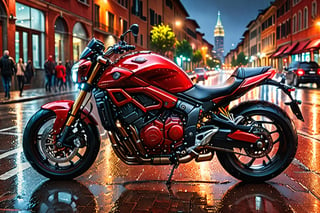 ((extremely realistic photo)), ((professional photo)), A powerful red high displacement motorcycle is parked on a wet street at night. The background features a city skyline with illuminated windows, ((ultra sharp focus)), (realistic textures and skin:1.1), (realistic and perfect gray eyes:1.1), ((perfect design of hands and fingers)), aesthetic. masterpiece, pure perfection, high definition ((best quality, masterpiece, detailed)), ultra high resolution, hdr, art, high detail, add more detail, (extreme and intricate details), ((raw photo, 64k:1.37)), ((sharp focus:1.2)), (muted colors, dim colors, soothing tones ), siena natural ratio, ((more detail xl)),more detail XL,detailmaster2,Enhanced All,photo r3al,masterpiece
