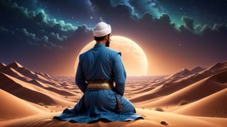 a detailed 8k illustration, a muslim man with sincere heart prostrating in the middle of desert at night, a majestic sky   .  detailmaster2, 