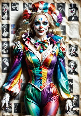 a seductive blonde woman It the clown with blue eyes in a white and purple striped outfit, with a teasing smile, newspaper background . Full_body ,mad-marbled-paper