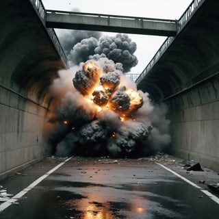 A huge detonated in the underpass, dramatic, very detailed, cinematic, detailed.