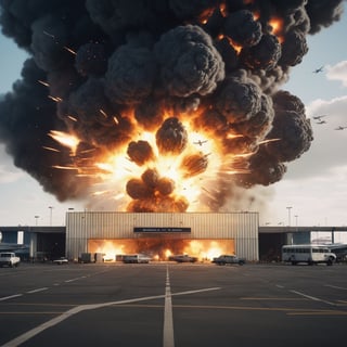 A huge detonated in a airport, dramatic, very detailed, cinematic, detailed.