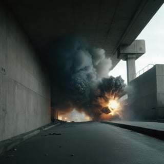 A huge detonated in the underpass, dramatic, very detailed, cinematic, detailed.