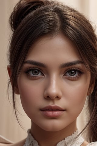 beautiful Mexican woman, Latina with hair up, side ponytail, straight hair, white off-the-shoulder blouse, detailed face, very bright eyes, realistic face, detailed face, realistic skin, skin pores, vibrant lighting and dramatic, image with 8k resolution, high detail in the photo, very realistic image, dramatic lighting, shadow, dramatic shadow, single photo, sharp photo, sharpness in the details, looking at the viewer, view from the front, (((Best quality, masutepiece: 1.3)), long hair, ultra high resolution room background, room interiors, dark hair, high quality, masterpiece, 8K, UHD, UHD, retina, masterpiece, retina, UHD, masterpiece, precision, textured skin, super detail, high details, high quality, high resolution, best quality, award-winning, 16k