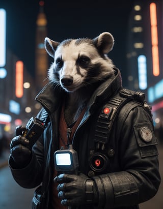 Closeup photo of a cyberpunk badger in night city holding a walkie-talkie