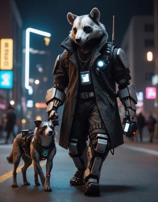 Closeup photo of a cyberpunk badger in night city holding a walkie-talkie and walking a (((robotic dog)))