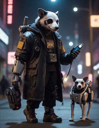 Closeup photo of a cyberpunk badger in night city holding a walkie-talkie and walking a (((robot-dog)))