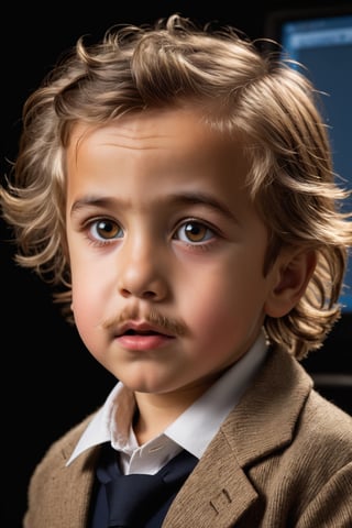 (best quality,ultra-detailed,photorealistic:1.37),create the image of a 6-year-old boy explaining in computer class to students made up of Einstein, Plato and Buddha

up,portrait,cinematic,dramatic lighting,expressive eyes, 
very light brown hazel eyes,intense gaze,dark background,subtle shadows,wisdom and experience,wrinkles and lines,beard and mustache,sharp jawline,piercing look,defined features,strong character,high contrast,dynamic composition,emotive expression,vivid colors,studio lighting