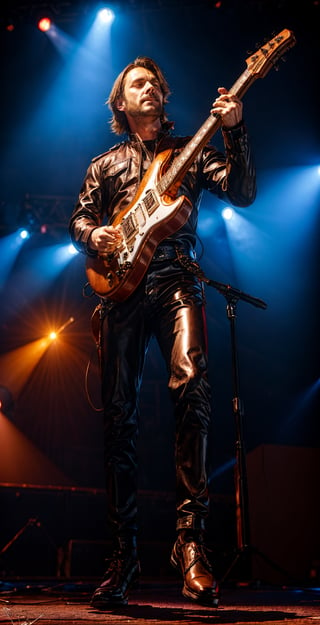 Rock concert stage, man in leather rock outfit in spotlight playing a keytar