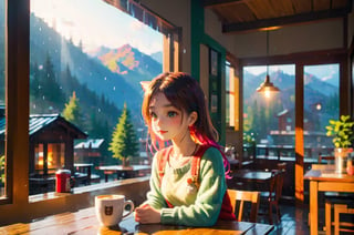 a coffee shop, (girl:1.3), (kitten sitting on the table:1.1), sitting next to the window, sunlight sprinkle, there is hot coffee on the table, rain outdoors, there is a warm fireplace in the coffee shop,, (masterpiece, best quality, ultra-detailed, 8K),beautiful house in mountains free space from trees, daylight:),bobcut,(colorful),cinematic lighting,midjourney