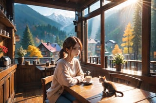 a coffee shop, (girl:1.3), (kitten sitting on the table:1.1), sitting next to the window, sunlight sprinkle, there is hot coffee on the table, rain outdoors, there is a warm fireplace in the coffee shop,, (masterpiece, best quality, ultra-detailed, 8K),beautiful house in mountains free space from trees, daylight:),bobcut,(colorful),cinematic lighting,midjourney