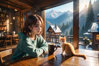 a coffee shop, (girl:1.3), (kitten sitting on the table:1.1), sitting next to the window, sunlight sprinkle, there is hot coffee on the table, rain outdoors, there is a warm fireplace in the coffee shop,, (masterpiece, best quality, ultra-detailed, 8K),beautiful house in mountains free space from trees, daylight:),bobcut,(colorful),cinematic lighting,midjourney