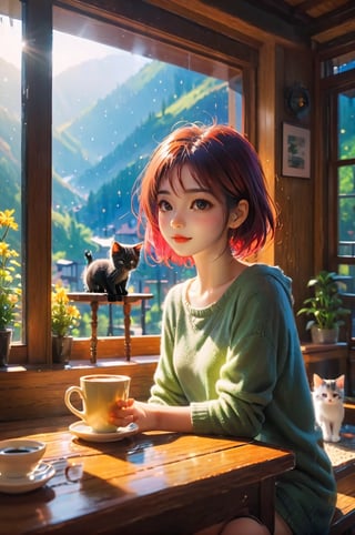 a coffee shop, (girl:1.3), (kitten sitting on the table:1.1), sitting next to the window, sunlight sprinkle, there is hot coffee on the table, rain outdoors, there is a warm fireplace in the coffee shop,, (masterpiece, best quality, ultra-detailed, 8K),beautiful house in mountains free space from trees, daylight:),bobcut,(colorful),cinematic lighting,midjourney