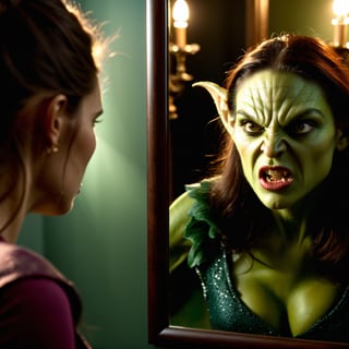 Photorealistic zoomed out image of a pretty woman looking at a mirror and her reflection is an (angry:1.2) female goblin. Cinematic realism style, 50mm lens, medium shot, soft ambient light highlighting the contrast between the real and reflected images, (high resolution:1.2),darkart