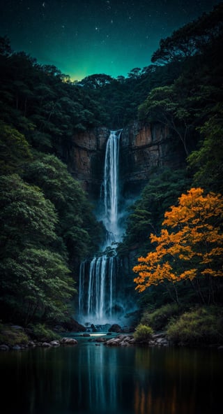 A photograph of an ethereal landscape, featuring a cascading waterfall of glowing, bioluminescent water, flowing into a crystal-clear lake surrounded by otherworldly plants. The predominant colors are vibrant blues and greens, with the bioluminescence providing a surreal, dreamlike quality. The viewpoint is from a slightly elevated angle, capturing both the majestic waterfall and the serene lake below. The background is a mystical forest, bathed in a soft, enchanting light, suggesting it's either dawn or dusk. Taken on a full-frame DSLR camera with a wide-angle lens, settings include a long exposure to capture the movement of the glowing water and a low ISO to enhance the clarity of the stars in the sky. The photo style mimics that of a high dynamic range landscape, with crisp details and saturated colors