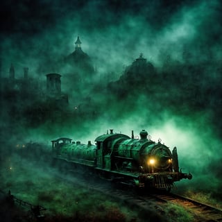 Professional horror concept art, (haunted steam punk ghost train:1.4), rusted and ominous, threading through a desolate, (foggy graveyard at midnight, adorned with ghostly phantasms, spectral figures clinging, eerie green phosphorescence:1.5) haunting spirits swirling around decrepit carriages, H.R. Giger-inspired biomechanical decay, sinister red eyes, (frightening spectral aura:1.3), Guillermo del Toro's macabre and rusted aesthetic, dense mist, chilling, ominous lighting, hyper-detailed, nightmare-inducing, ultra high resolution.