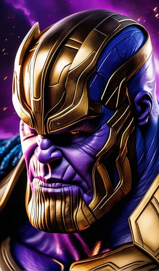 Create an immersive visual experience of Thanos from avengers end game, incorporating a sinister and eerie ambiance. Utilize illusory wallpaper portraits that bring forth elements of darkness and horror. Employ vibrant and realistic colors to enhance the overall atmosphere. Employ intense close-ups to capture intricate details. Ensure ultra-high-definition imagery for optimal clarity. make sure the details on the sample picture are present in the outcome. Embrace a modular approach to present a diverse array of visuals. Draw inspiration from mosaic art to infuse a sense of realism into the composition.