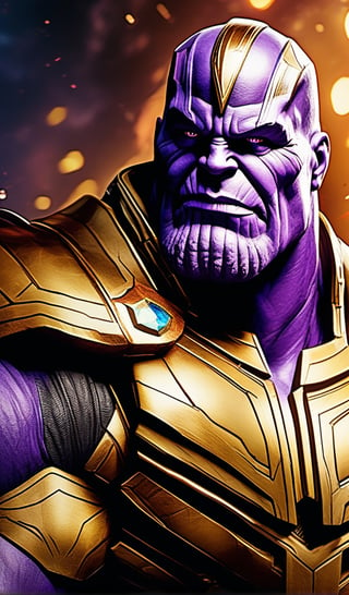 Create an immersive visual experience of Thanos from avengers end game, incorporating a sinister and eerie ambiance. Utilize illusory wallpaper portraits that bring forth elements of darkness and horror. Employ vibrant and realistic colors to enhance the overall atmosphere. Employ intense close-ups to capture intricate details. Ensure ultra-high-definition imagery for optimal clarity. make sure the details on the sample picture are present in the outcome. Embrace a modular approach to present a diverse array of visuals. Draw inspiration from mosaic art to infuse a sense of realism into the composition.