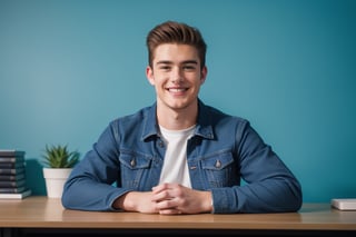 A young 22 year old handsome man smiling name Chris wearing a jean jacket and t-shirt, sitting in a desk facing into camera,straight body and face, modern background with cool lighting,background wall decor, mic on the desk with other gadgets lying around there, high details 4k 