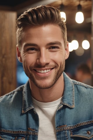 Close up photo of a smiling handsome man Name Chris wearing a jean jacket and t-shirt in the coffee shop at night high details 4K