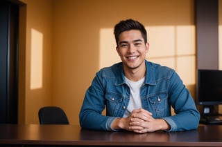 A young 22 year old handsome movie enthusiasts man smiling, wearing a jean jacket and t-shirt, sitting in a desk facing into camera,straight body and face, modern background with cool lighting,background wall decor, mic on the desk with other gadgets lying around there, high details 4k 