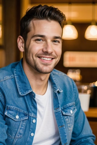 Close up photo of a smiling handsome man Name Chris wearing a jean jacket and t-shirt in the coffee shop at night high details 4K