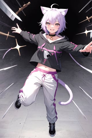 masterpiece, best quality, highres, aaokayu, short hair, ahoge, animal ears, cat tail, animal collar, black collar, collarbone, print hoodie, black hoodie, long sleeves, midriff, white pants, smile, knife, knife in each hand,full body