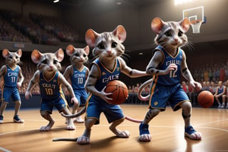 In this heartwarming and whimsical scene, a vibrant basketball court serves as the stage for an unexpected and delightful matchup between a team of cats and a team of mice. The court is adorned with colorful paw prints, mouse-themed decorations, and tiny basketballs scattered about.

The cat team, donned in miniature basketball jerseys and shorts, showcases their feline athleticism as they engage in skillful plays. With agile dribbles and coordinated passes, the cats demonstrate their prowess on the court, eyes focused on the hoop, ready for a friendly game.

On the opposing side, a team of mice, sporting their own adorable jerseys and shorts, scurry with remarkable speed and agility. Despite their size, the mice confidently handle the basketball, weaving through the cat defenders and attempting daring shots at the hoop. The dynamic between the two teams is both competitive and endearing.

Spectators, consisting of both cats and mice on the sidelines, watch the game with wide-eyed excitement. Tails twitch in anticipation, creating a lively and engaging atmosphere. Some cats sit on their haunches, while mice stand on their hind legs, creating a charming contrast as they cheer for their respective teams.

Sunlight bathes the scene in a warm glow, capturing the joy and unity of this unconventional and heartwarming sports event. The shared camaraderie and sportsmanship between cats and mice create a moment of pure delight, emphasizing the power of play to bring different species together in a spirit of fun and friendship. It's a charming snapshot that warms the hearts of all who witness this extraordinary feline-mouse basketball showdown.





