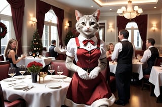 Generate an image featuring a cat transformed into a feminine form, serving as a waitress in an upscale restaurant bustling with patrons. The feline waitress, elegantly attired in a chic santa_dress(,smiling face and gracefully moves among well-appointed tables occupied by diverse groups of people.) She carries an impeccably arranged tray, poised to take orders or deliver culinary delights.

The restaurant exudes an air of sophistication, with dimmed lighting casting a warm glow on polished silverware and tastefully arranged centerpieces. Patrons seated at tables engage in lively conversations, enjoying fine dining in this refined establishment. The cat waitress seamlessly navigates through the dining area, adding a touch of charm and whimsy to the upscale ambiance.

Ensure the image captures various expressions from patrons, reflecting a mix of delight, surprise, and amusement at the presence of the feline waitress. The scene should convey a harmonious blend of the cat's feminine grace and the conviviality of a high-end dining experience. santa_dress, Christmas vibe,