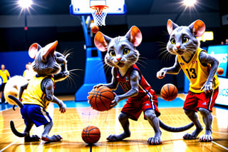 In this heartwarming and whimsical scene, a vibrant basketball court serves as the stage for an unexpected and delightful matchup between a team of cats and a team of mice. The court is adorned with colorful paw prints, mouse-themed decorations, and tiny basketballs scattered about.

The cat team, donned in miniature basketball jerseys and shorts, showcases their feline athleticism as they engage in skillful plays. With agile dribbles and coordinated passes, the cats demonstrate their prowess on the court, eyes focused on the hoop, ready for a friendly game.

On the opposing side, a team of mice, sporting their own adorable jerseys and shorts, scurry with remarkable speed and agility. Despite their size, the mice confidently handle the basketball, weaving through the cat defenders and attempting daring shots at the hoop. The dynamic between the two teams is both competitive and endearing.

Spectators, consisting of both cats and mice on the sidelines, watch the game with wide-eyed excitement. Tails twitch in anticipation, creating a lively and engaging atmosphere. Some cats sit on their haunches, while mice stand on their hind legs, creating a charming contrast as they cheer for their respective teams.

Sunlight bathes the scene in a warm glow, capturing the joy and unity of this unconventional and heartwarming sports event. The shared camaraderie and sportsmanship between cats and mice create a moment of pure delight, emphasizing the power of play to bring different species together in a spirit of fun and friendship. It's a charming snapshot that warms the hearts of all who witness this extraordinary feline-mouse basketball showdown.





